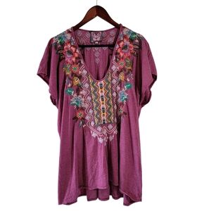 Johnny Was Purple Floral Embroidered Top Sz 2X Flowy Cottagecore Boho Casual